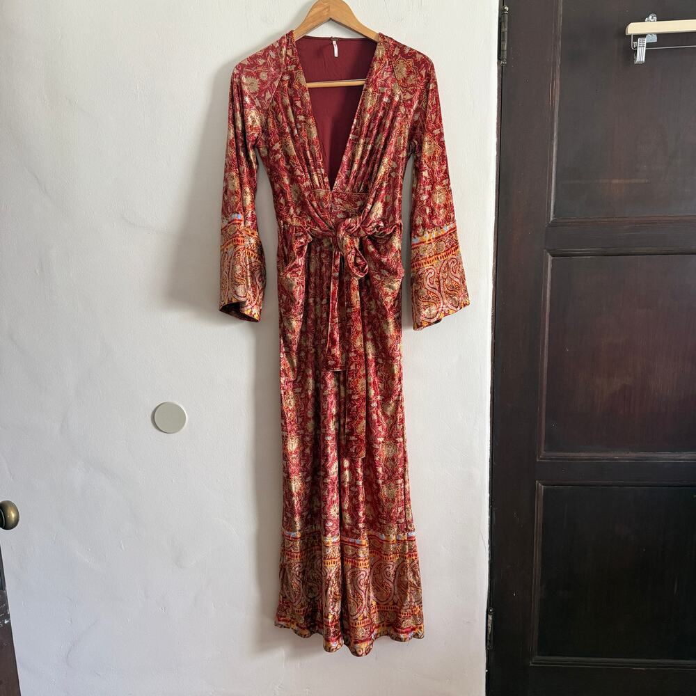 FREE PEOPLE Harper Printed Velvet Orange Flare Bell Sleeve Jumpsuit Extra Small - Picture 3 of 10
